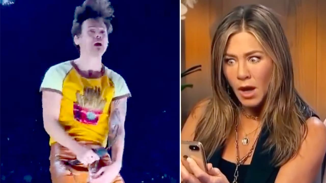 A Harry Styles se le rompe el pantalón frente a su “crush" Jennifer Aniston: su reacción fue memorable