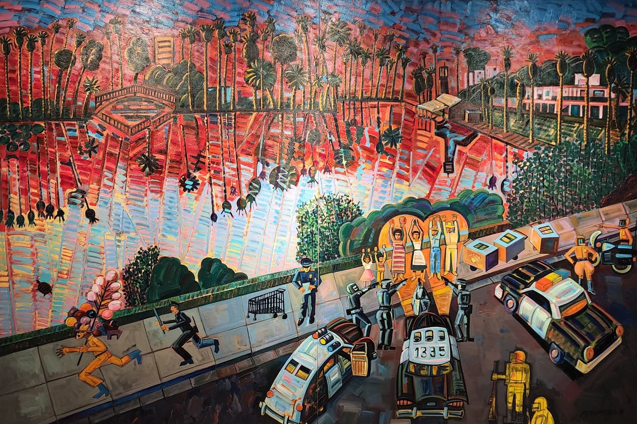 La definición chicano ha sido tan amplia que no todos se identificaron con ella. Y no solo eso, sino que quienes no eran chicanos veían a este grupo como ciudadanos de segunda clase.
<br>
<br>Obra por Frank Romero. 
<i>El arresto de los paleteros, 1996. </i>Obsequio de Cheech Marín