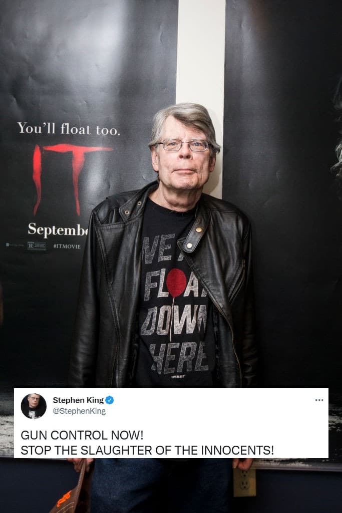 El famoso escritor de terror, 
<b>Stephen King</b>, mostró su enojo ante el tiroteo: "¡Control de armas ahora! ¡Alto a la masacre de inocentes!",
<br>