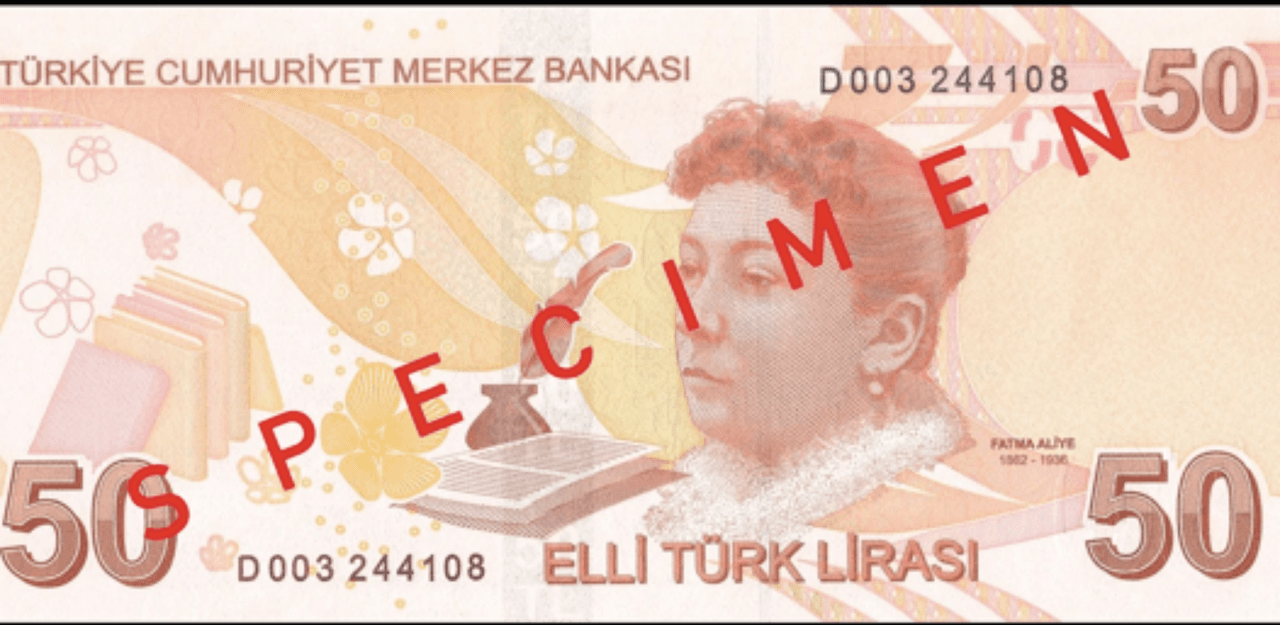 <h3 class="cms-H3-H3">Fatma Aliye Topuz (1862 - 1936)</h3>
<br>
<br>🪙 
<b>Conocida como:</b> primera novelista del mundo musulmán. 
<br>
<br>🪙
<b> País: </b>Turquía.
<br>
<br>🪙 
<b>Denominación: </b>50 liras.
<br>