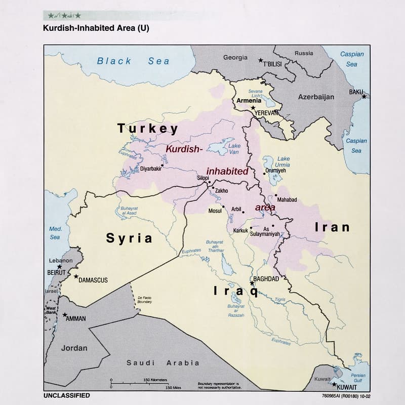 Mapa de zonas habitadas por kurdos en 2002, elaborado y desclasificado por la CIA.