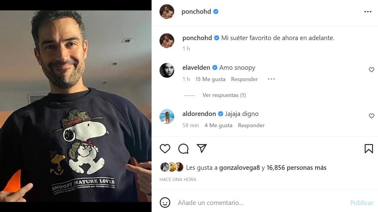 Además, este domingo 25 de septiembre, el actor de 
<b><a href="https://vix.com/es/detail/series-1013?utm_medium=internal_referral&utm_source=univision&utm_campaign=breaking_news&utm_content=ed_entertainment&utm_term=slideshow" target="_blank">Camaleones, que también puedes ver gratis en ViX</a></b>, compartió esta foto en la que se dejó ver con un suéter que tiene la imagen de Snoopy y escribió que era su "favorito de ahora en adelante". 
<br>