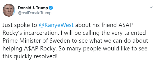 El mandatario estadounidense publicó la semana pasada en Twitter, que platicó con Kanye West sobre el caso de A$AP Rocky y dijo que se pondría en contacto con el primer ministro de Suecia para "ver qué podemos hacer".