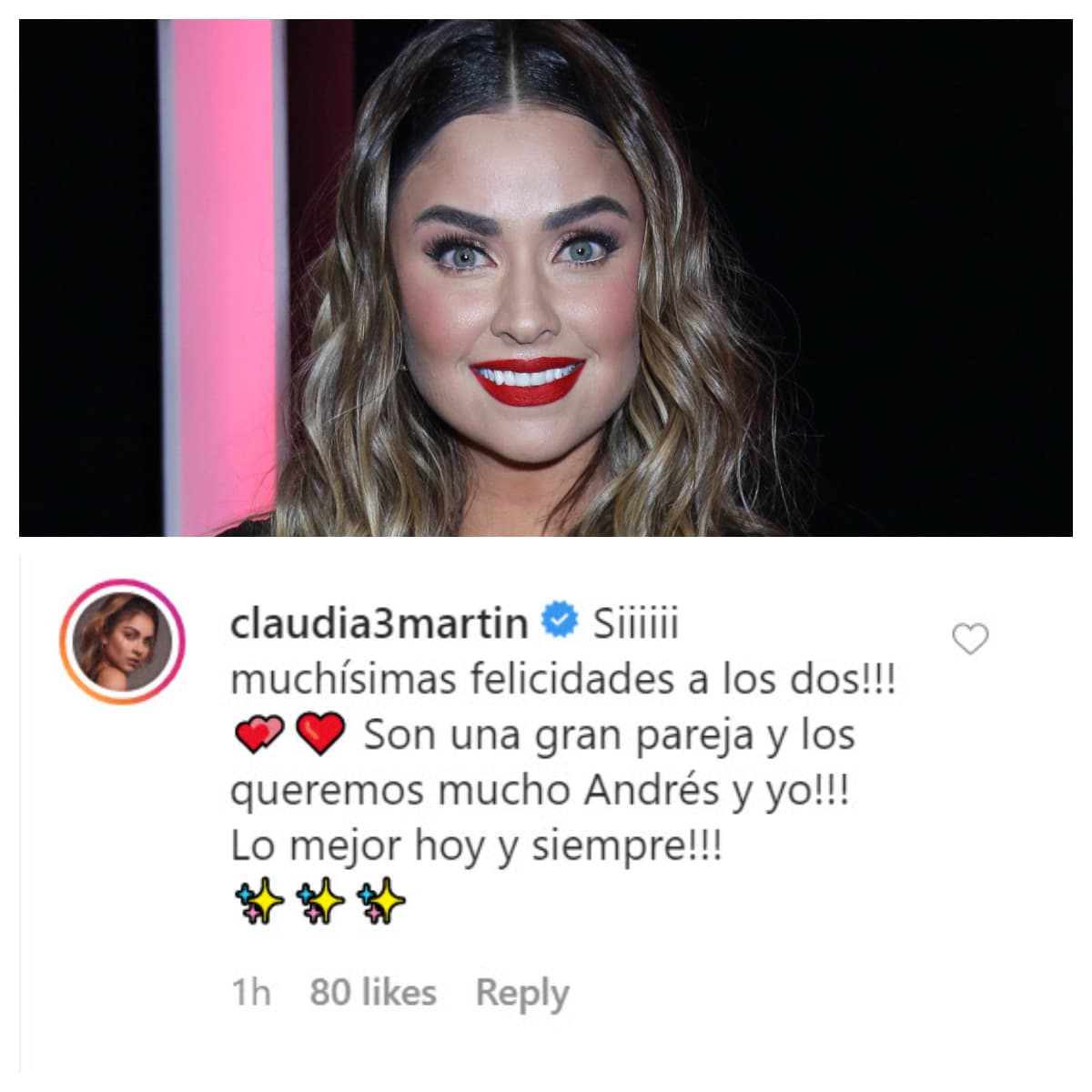 <b><a href="https://www.univision.com/famosos/las-primeras-fotos-de-la-boda-de-claudia-martin-y-andres-tovar-fotos" target="_blank">Claudia Martín</a></b>, compañera de Adrián Uribe en 
<b><a href="https://www.univision.com/shows/como-tu-no-hay-dos" target="_blank">Como Tú No Hay 2</a></b>, le escribió: "¡Muchísimas felicidades a los dos! Son una gran pareja y los queremos mucho Andrés (Tovar) y yo ¡Lo mejor hoy y siempre!". 
<br>