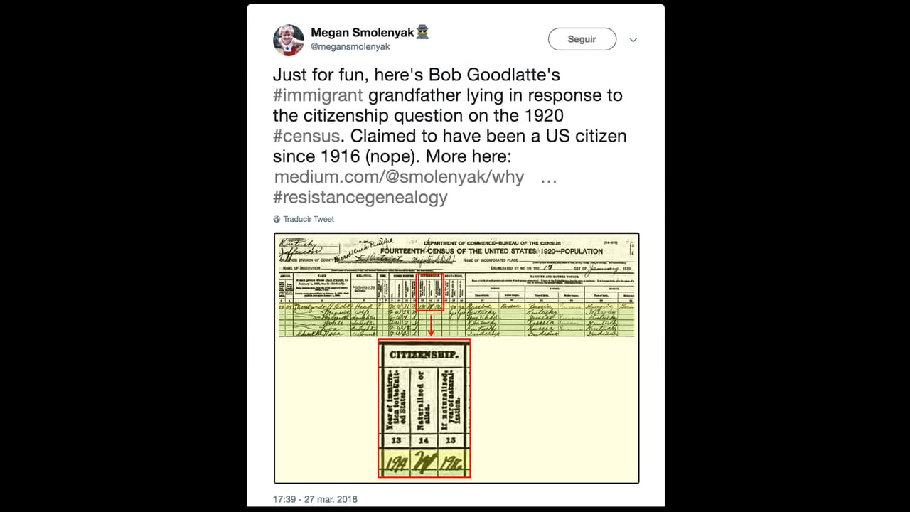 Otra investigadora, Megan Smolenyak, publicó en su cuenta de Twitter: “Solo por diversión, el abuelo inmigrante de Bob Goodlatte mintió en una respuesta a una pregunta de ciudadanía en el censo de 1920. Pretendió que era ciudadano estadounidense desde 1916 (NO) (...)”, aseguró en la publicación junto a los documentos históricos.