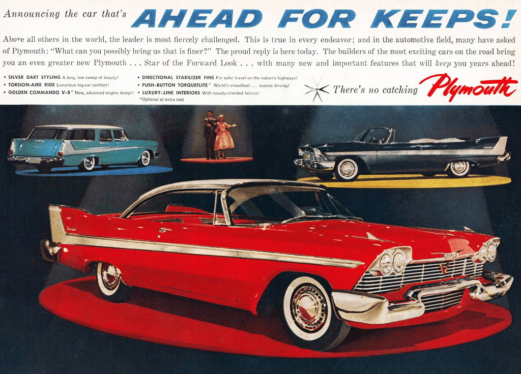 Stephen King sabe de carros clásicos. El motivo por el que eligió al Fury como protagonista de Christine fue el hecho de que el hermoso Plymouth, cuyas líneas habían causado furor en sus días, 
<b>era un modelo ya olvidado a principio de la década de los 80</b>. Como pueden ver, en 1958 el Plymouth Fury era en realidad una línea completa de vehículos que consistía de un convertible, una station wagon y también un sedán (que no se ve en la imagen).