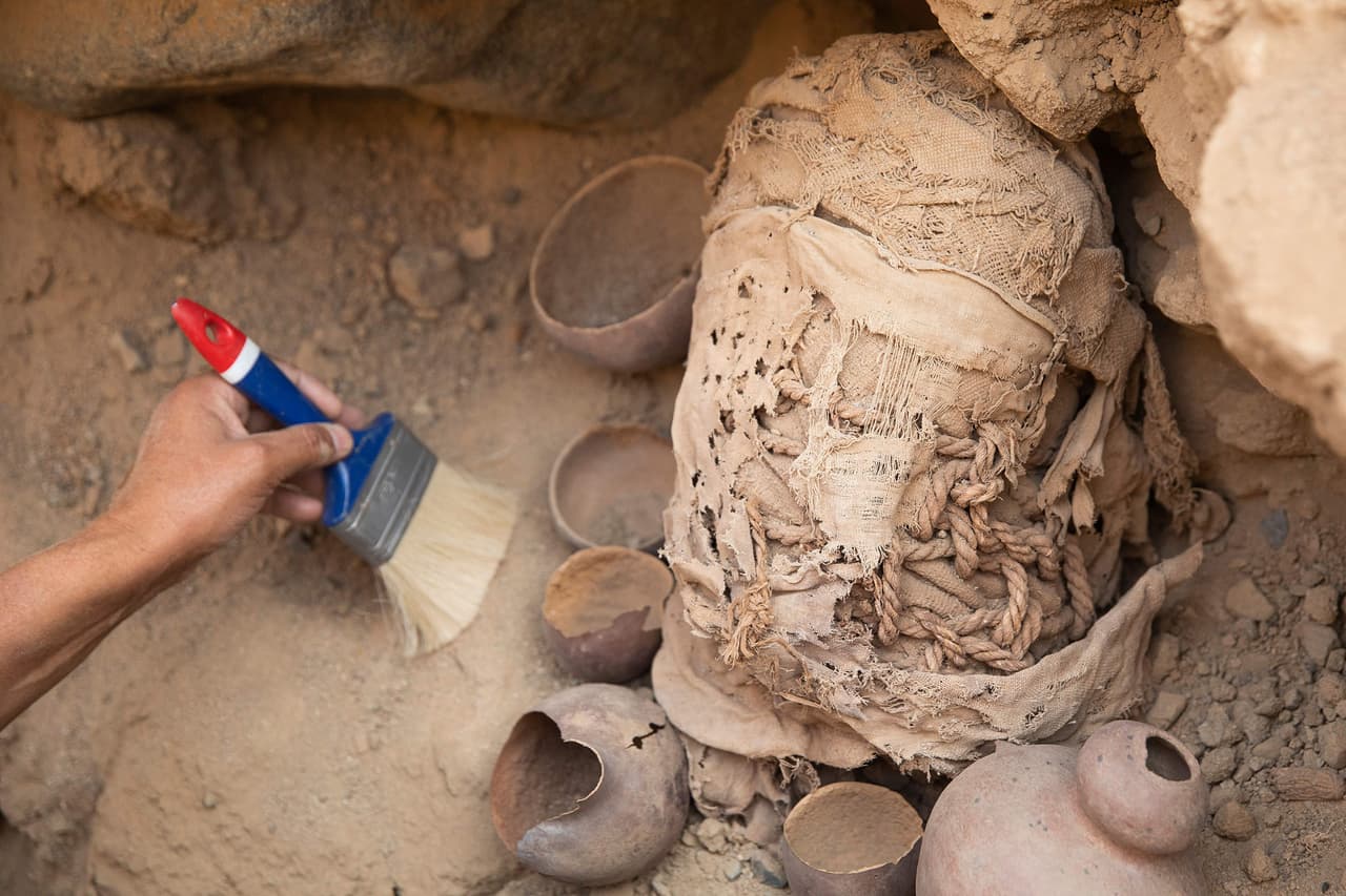Huamán explicó que tras el hallazgo de la momia del personaje importante en 2021 consiguieron permiso del Estado peruano para seguir excavando y encontraron los restos de un niño de uno o dos años de edad. 
<br>
<br>La foto muestra la continuación del trabajo de excavación el 13 de febrero de 2022, cuando hallaron los seis niños junto a adultos con los huesos fracturados. Esto indica a los investigadores que es posible que haya sido parte de un ritual con sacrificios humanos. 
<br>