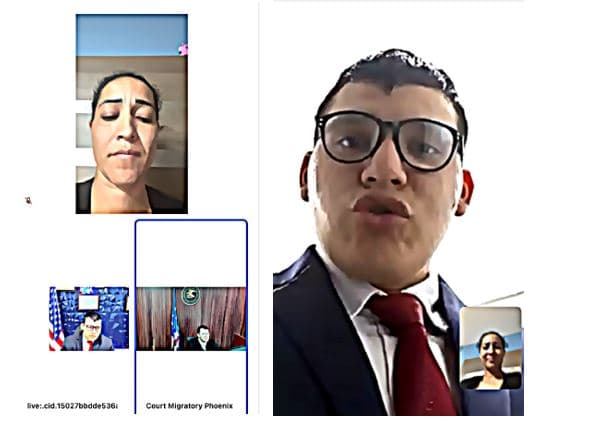 Captura de pantalla de la audiencia falsa a la que asistió Robles. A la derecha Gustavo Cortez quien se presentó como abogado. 
<br>