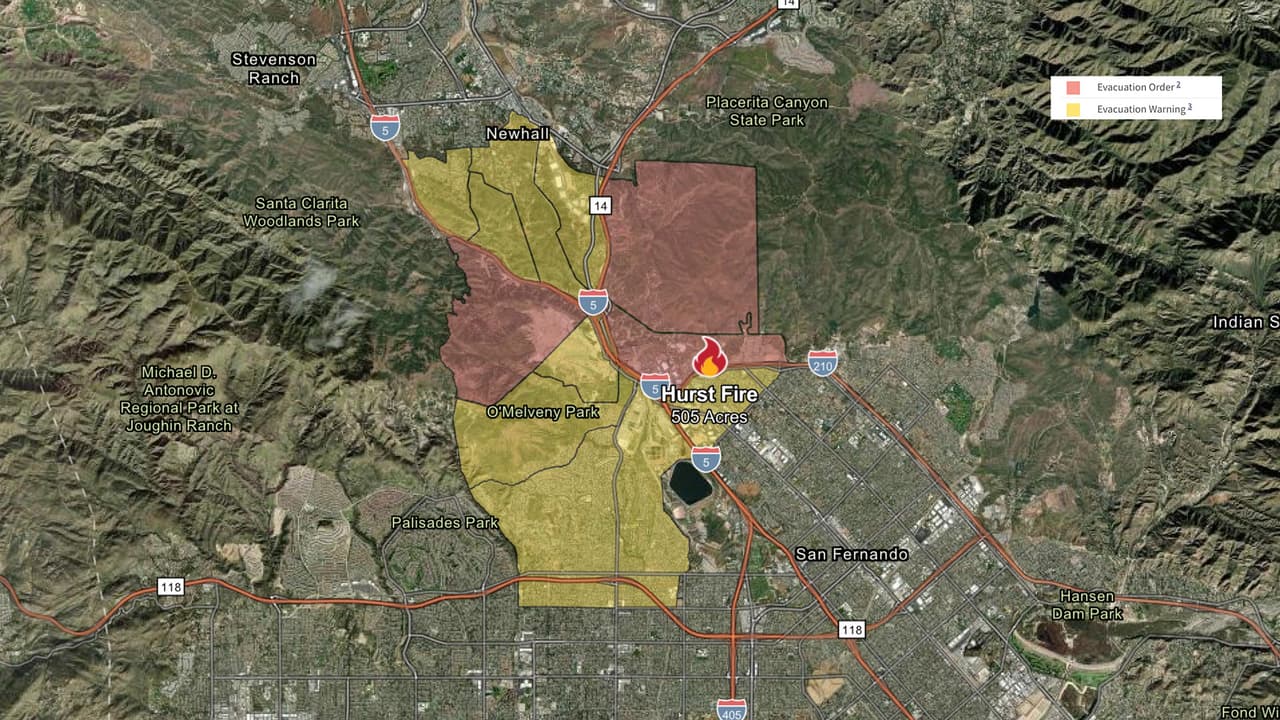 <b>Incendio Hurst</b>
<br>Las llamas fueron reportadas por primera vez alrededor de las 10:30 PM del martes 7 de enero cerca de Diamond Road, en el área de Sylmar. El incendio 
<b>ya ha devastado 700 acres de terreno</b>, por lo que tres zonas cercanas al incidente están bajo órdenes de evacuación. No se reportan daños a estructuras o personas heridas.
<br>
<br>
<b>Centros de evacuación:</b>
<br>- Ritchie Valens Recreation Center
<br>10736 Laurel Canyon Blvd., Pacoima.