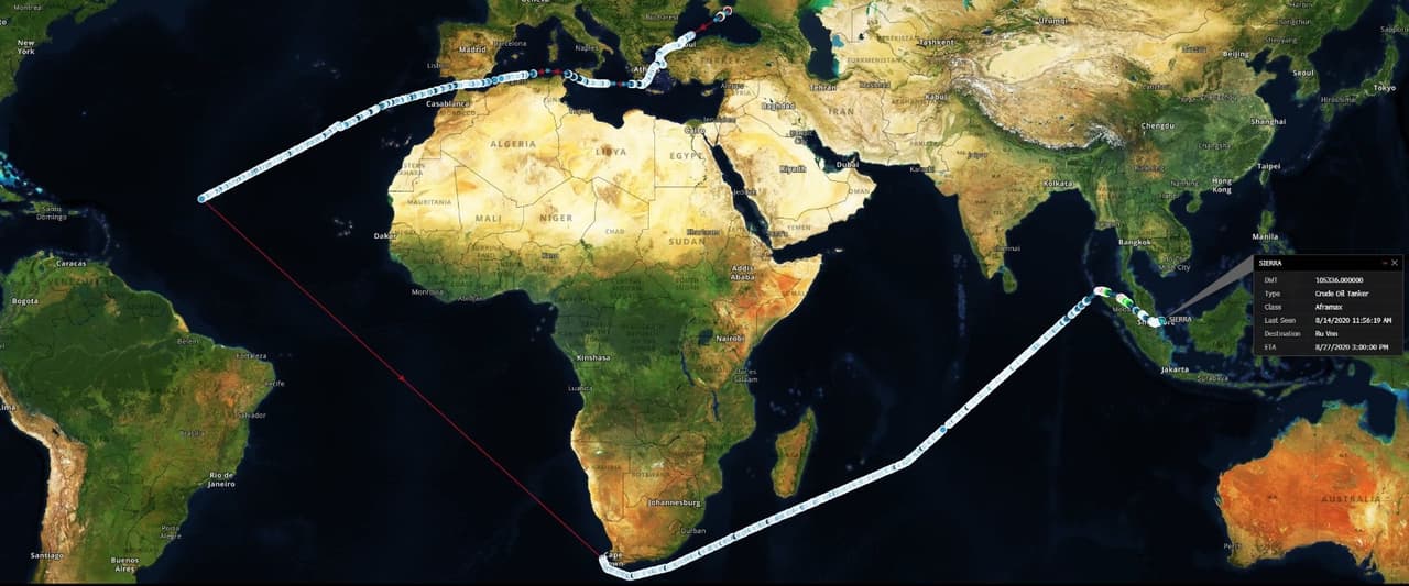 A map showing the route the Russian oil tanker, Bella, as its seeks to avoid U.S. sanctions. It went "dark" when its transponder was turned off in mid-Atlantc headed for Venezuela where it filled up with oil. It turned its transponder back on rounding the Capt of Good Hope of South Africa.