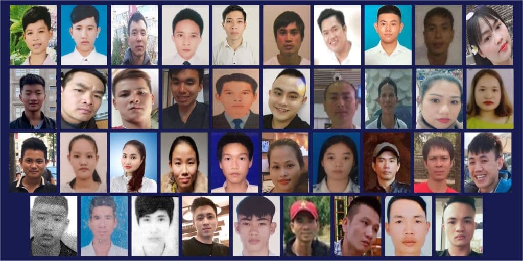 <b>23 de octubre de 2019</b>: 39 migrantes vietnamitas fueron encontrados muertos en el remolque de un camión en Essex, Inglaterra. Cuatro hombres fueron encarcelados por homicidio involuntario.
