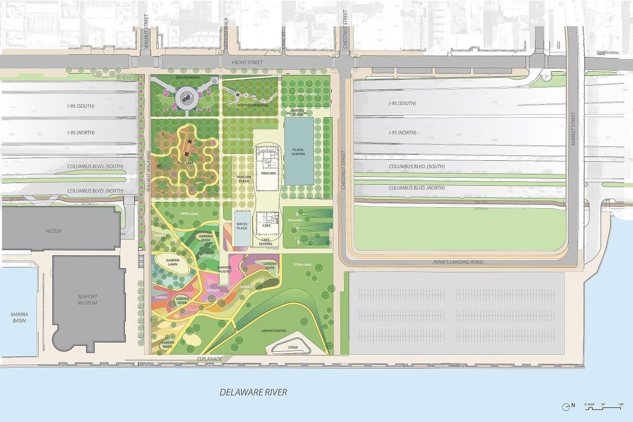 <b>The Park at Penn’s Landing</b>: Como parte de su “Plan maestro” para el río Central Delaware desarrollado hace una década, Delaware River Waterfront Corporation está planeando un tope de carretera de 11.5 acres en Penn’s Landing. Se planea construir un puente sobre la I-95 y Columbus Avenue, delimitada por Chestnut Street, Walnut Street, Front Street y el río Delaware. 
<b>Cronograma</b>: el plan original era comenzar la construcción en 2021, pero los retrasos por la pandemia lo afectaron. Según el sitio web del proyecto, se espera que la construcción comience este año. DRWC está apuntando a una apertura en 2026.