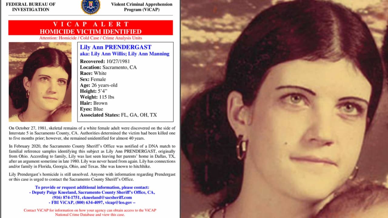 <h3 class="cms-H3-H3">Lilly Ann Prendergast</h3>
<br>El 
<b>27 de octubre de 1981</b> fueron descubiertos los unos restos óseos a un costado de la Interestatal 5, los cuales permanecieron sin ser 
<b>identificados durante 40 años</b>, hasta que un análisis de ADN pudo determinar que se trataba de Lilly Ann Prendergast, joven originaria de Ohio que desapareció en 1980 después de visitar a sus padres en Texas. Se desconoce cómo su cuerpo terminó en California y cómo fue que murió.
