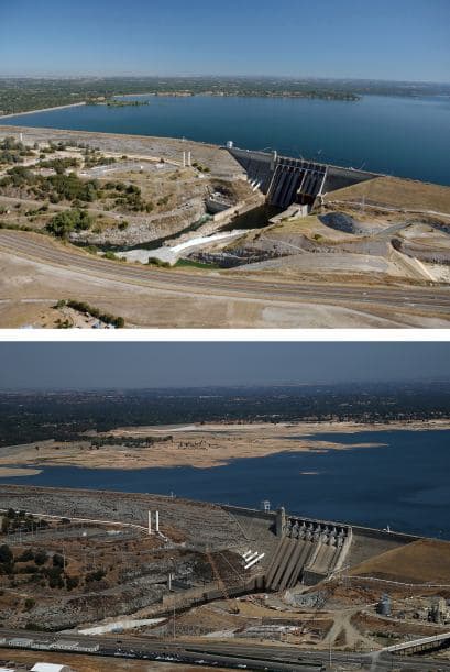 En esta imagen compuesta de antes y después, se perciben los niveles de agua detrás de la presa en Folsom Lake, California. La imagen de arriba corresponde al 20 de julio de 2011 y la de abajo al 19 de agosto de 2014.