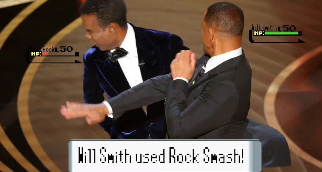 El apellido de Chris Rock, cuando lo traducimos es 'piedra' por lo que hubo muchas referencias al juego de 'piedra, papel y tijera'.
<br>