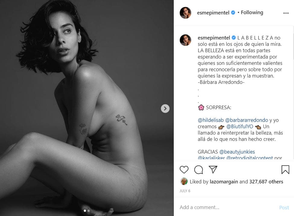 El pasado 14 de julio la actriz fue la portada de la revista 
<a href="https://www.beautyjunkies.mx/post/esmeralda-pimentel-mi-belleza-es-la-expresi%C3%B3n-de-mi-libertad-en-todas-sus-dimensiones" target="_blank">Beauty Junkies</a>, en donde tuvo una sesión fotográfica al desnudo para enseñar las marcas corporales que tiene en 
<b>"las pompas y piernas"</b>, vivencia que narró en 'Netas divinas'.
<br>