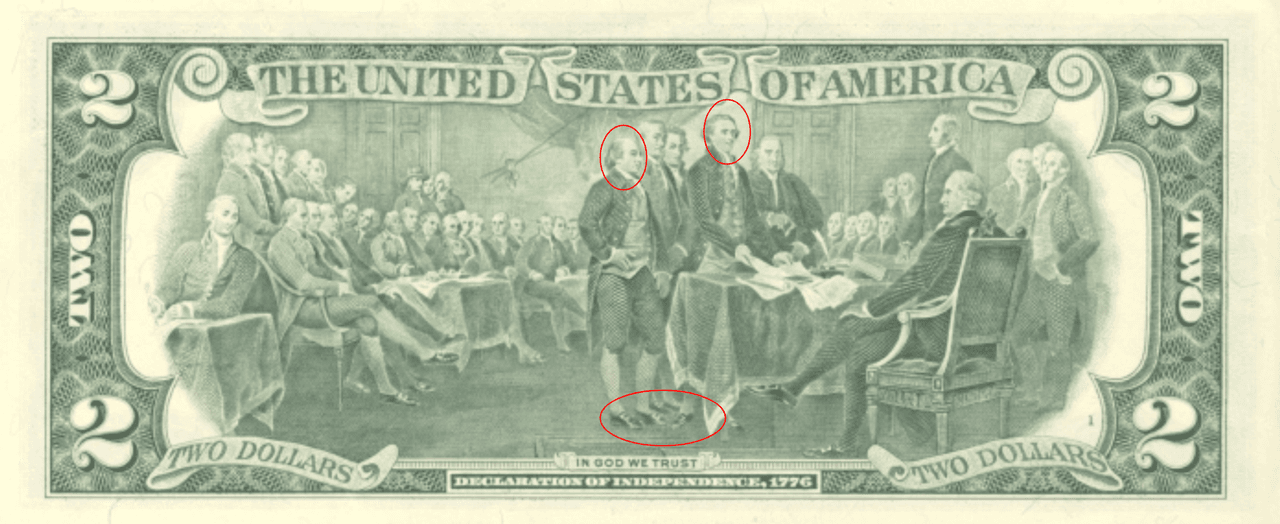 Y según señalan los expertos Jefferson, el hombre de pies que sostiene los documentos, parece pisar a John Adams, quien es el hombre de pie a la izquierda.