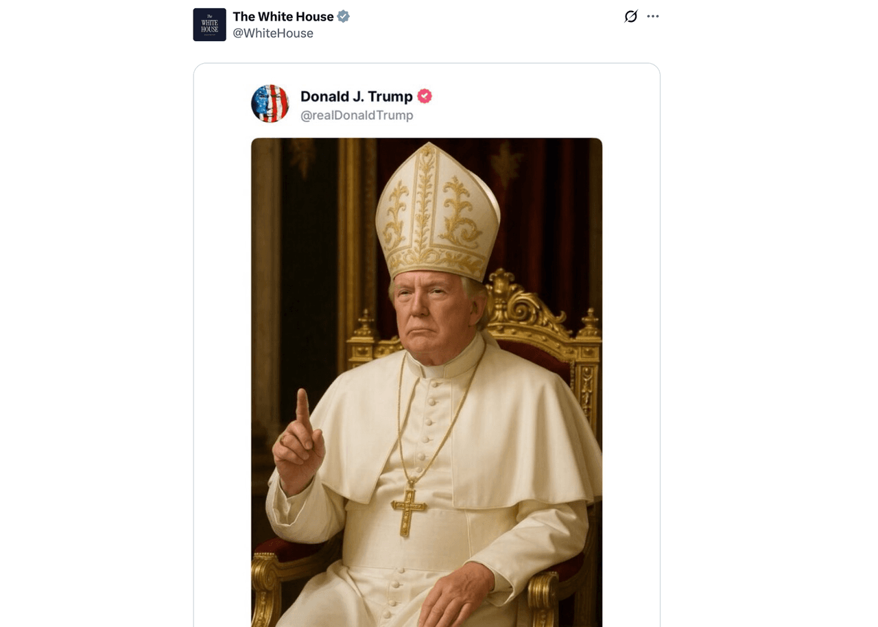 Esta imagen fue publicada 
<b>en la red social Truth, de Donald Trump</b>. A las 11:07 de la noche, del viernes 2 de mayo, fue 
<b><a href="https://x.com/WhiteHouse/status/1918502592335724809/photo/1" target="_blank">republicada por la Casa Blanca en su cuenta oficial de X</a></b>, como colofón a una semana en la que 
<b>el presidente de los Estados Unidos bromeó </b>con que le gustaría ser el próximo papa. "Me gustaría ser papa. Esa sería mi primera opción", declaró el mandatario estadounidense, quien está casado.