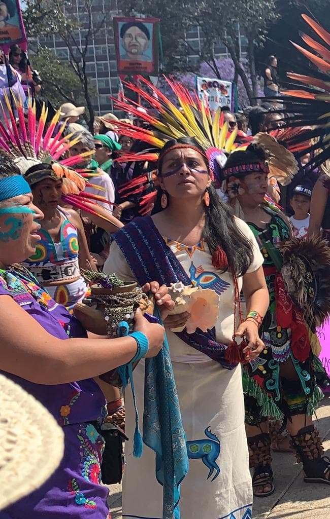 Trajes t´ípicos, cultura y orgullo étnico presente en la manifestación femenina.