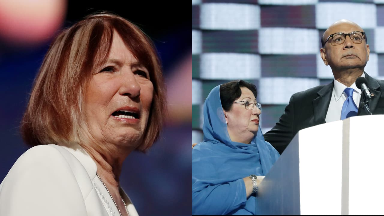 <b>Las "cartas" emocionales de la campaña. </b>A la izquierda, 
<a href="http://www.univision.com/noticias/elecciones-2016/padres-de-dos-victimas-de-bengasi-demandan-a-clinton-con-cargos-de-muerte-por-negligencia-y-difamacion"><b>Pat Smith,</b></a> madre de uno de los fallecidos en los ataques de Bengazhi, que acusa a Clinton de negligencia en el episodio en el que murió su hijo. A la derecha, l
<a href="http://www.univision.com/noticias/elecciones-2016/que-fue-lo-que-dijo-un-padre-musulman-que-tanto-molesto-a-donald-trump"><b>os padres del soldado musulmán Humayun S. M. Khan</b></a>, quienes acusaron a Trump de no tener idea del aporte de su cultura a los EEUU. Trump respondió atacando a la esposa, Ghazala Khan. julio 2016.
