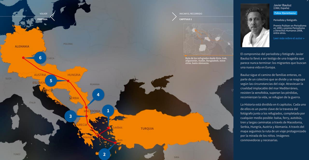 <b>El camino hacia la libertad.</b> La Historia está dividida en 6 capítulos. Cada uno de ellos es un punto clave de la travesía del fotógrafo junto a los refugiados, completada por cualquier medio posible: balsa, ferry, autobús, tren y largas caminatas a través de Macedonia, Serbia, Hungría, Austria y Alemania. A través del mapa seguimos la ruta de un viaje protagonizado por la mirada de los niños. Imágenes conmovedoras y necesarias 
<b><a href="http://huelladigital.univisionnoticias.com/crisis-refugiados-javier-bauluz/">(VER ESPECIAL COMPLETO).</a></b>
<br>