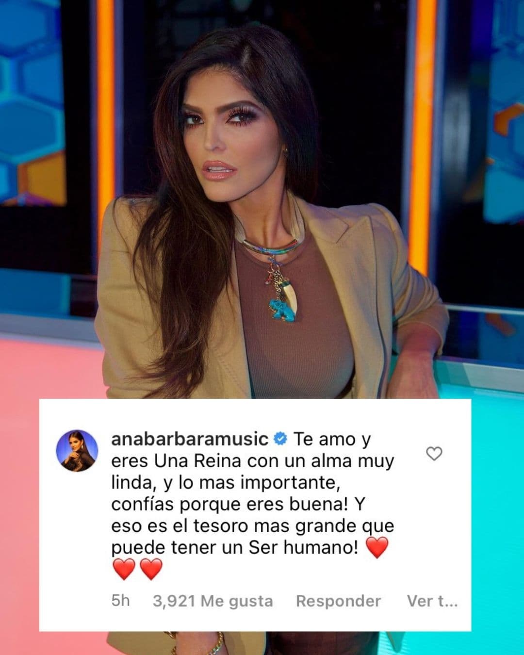 <b>Ana Bárbara</b>, amiga de la familia y compositora del tema 'En realidad', éxito de Ángela Aguilar, le dejó un mensaje en el que enaltece su nobleza. "Te amo y 
<b>eres una reina</b> con un alma muy linda, y lo más importante, confías porque eres buena. Y eso es el tesoro más grande que puede tener un ser humano", redactó la cantante.