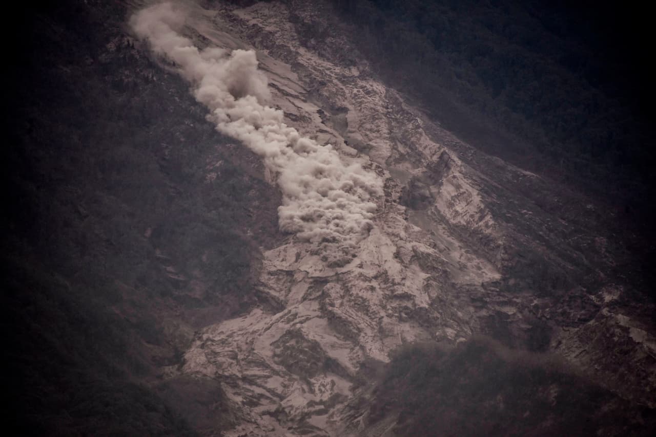 The pyroclastic flow of lava, rock and ash on the slopes of the Fuego volcano.