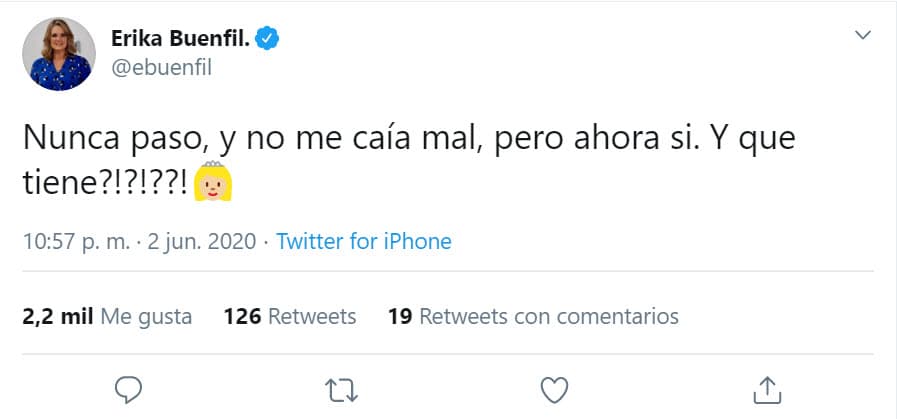 El 2 de junio publicó este mensaje en Twitter para aparentemente responderle a Ávalos, sin mencionarla: "Nunca pasó, y 
<b><a href="https://twitter.com/ebuenfil/status/1268014003974004748" target="_blank">no me caía mal, pero ahora sí</a></b>. ¿Y qué tiene?"
<br>