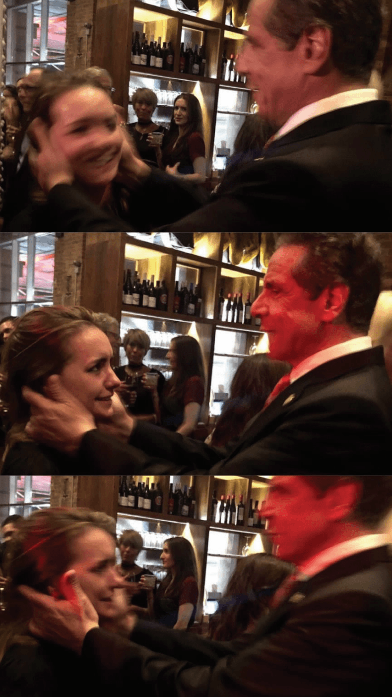 Tal es el caso de Anna Ruch, quien fue fotografiada con el gobernador en la fiesta de bodas de uno de sus altos colaboradores en 2019. Le envió un mensaje a su amigo con una foto de ella y el gobernador, diciendo: "Este p*to tío / Estoy muy enojada / He perdido la tarjeta de los fotógrafos [sic] pero no quiero la foto de nosotros en las fotos de la boda. Yuck", acompañado de un emoji de vómito.