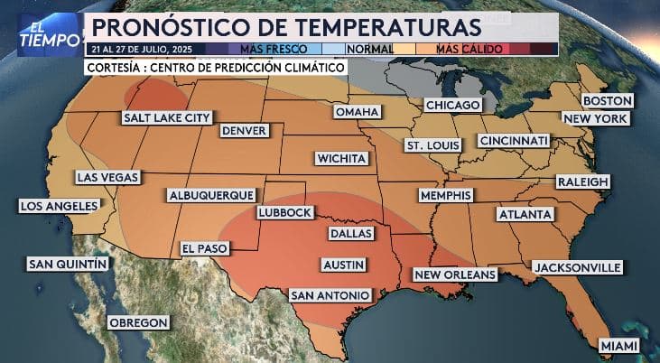 <h3 class="cms-H3-H3">🗺️ ¿Quiénes sufrirán más calor la próxima semana? </h3>
<br>Del 21 al 27 de julio, el centro-sur de Estados Unidos, incluido Texas, 
<b>estará bajo un patrón de calor más intenso de lo normal</b>, según el Centro de Predicción Climática.
<br>🔴 Dallas, Austin, San Antonio y Lubbock están en la zona más caliente del país para ese período. 
<br>☀️ También partes de Nuevo México, Luisiana y el sur de Oklahoma sentirán temperaturas por arriba del promedio. 
<br>
<b>💡 Este tipo de calor prolongado puede afectar la salud y el suministro eléctrico. Toma precauciones y mantente informado</b>.