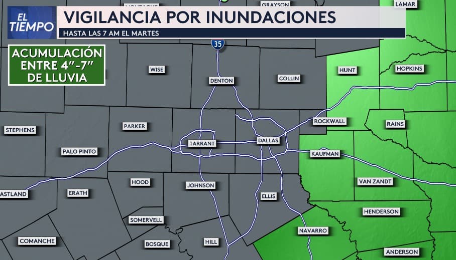 En el este de nuestra región, condados como 
<b>Kaufman, Navarro, Hunt, entre otros</b>, están 
<b>bajo vigilancia por inundaciones hasta las 7 de la mañana del martes</b>.
