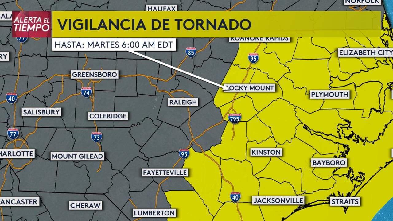 Una 
<a href="https://www.univision.com/local/north-carolina-wuvc/emiten-vigilancia-de-tornado-en-mas-de-30-condados-de-carolina-del-norte">vigilancia de tornado</a> fue emitida el lunes en más de 30 condados de Carolina del Norte.