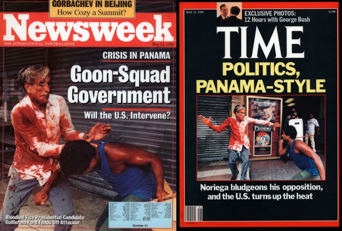 Las portadas de las revistas 
<i>Time</i> y 
<i>Newsweek</i> muestran la imagen del líder político Billy Ford siendo atacado en una marcha de oposición al general Noriega en Panamá, el 10 de mayo de 1989.