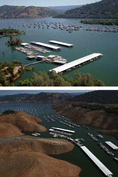 Comparativo del puerto deportivo de Bidwell en el lago Oroville entre 2011 y 2014.