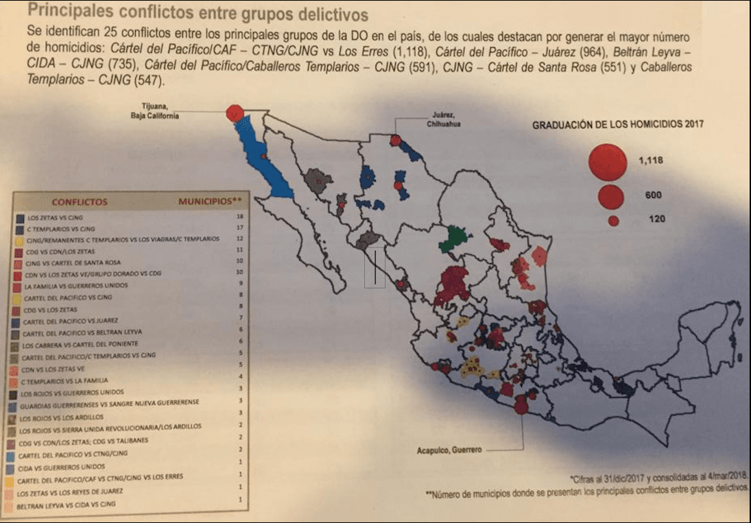 En este mapa de disputas entre organizaciones del narcotráfico se aprecia cómo aumentó desde 2017 el territorio peleado por el cartel de Sinaloa y el cartel de Jalisco Nueva Generación.