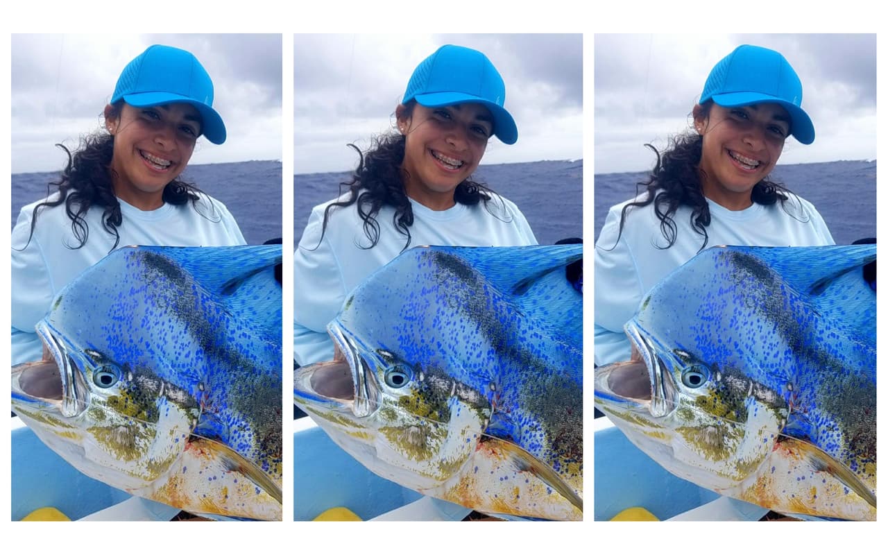Galilea Duran, aged 15, is an accomplished angler who helps out on her father's boat off the coast of Puerto Rico. Seen here with an increasingly rare 40-pound bull mahi-mahi caught in April about 20 miles offshore.
