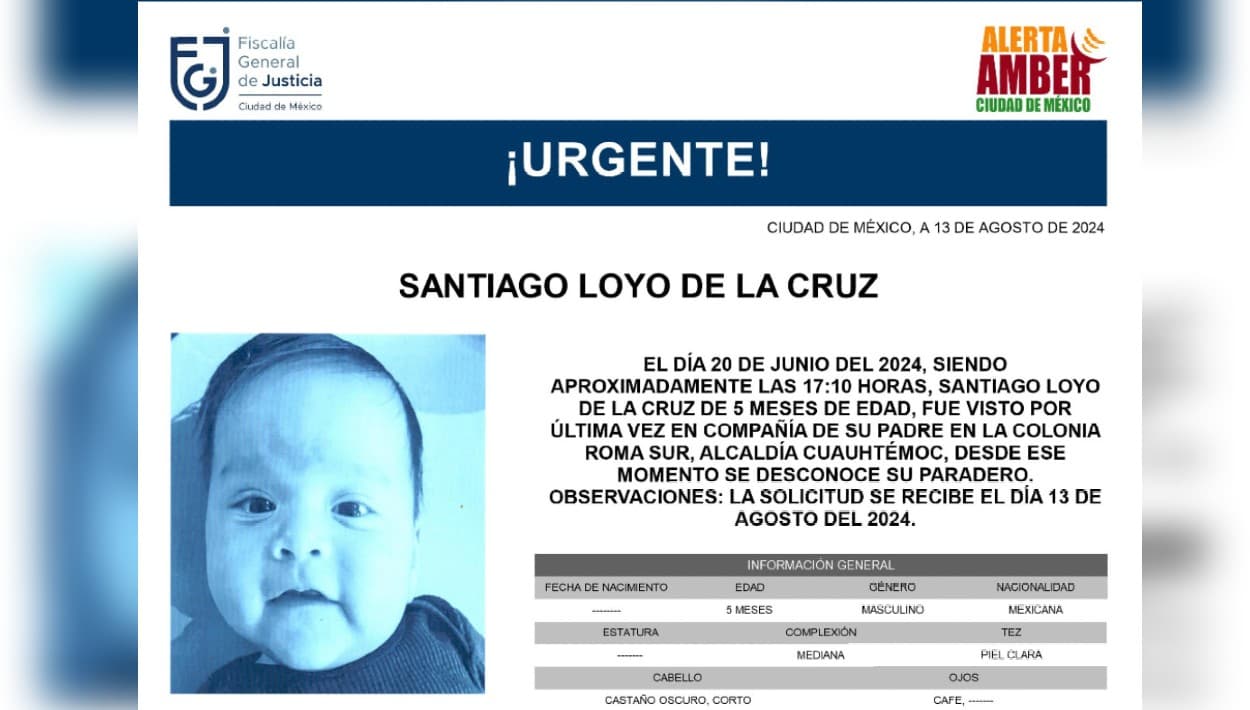 Jessica de la Cruz buscó ayuda de las 
<b>autoridades mexicanas</b>, siendo ella la principal custodio del niño, pues el padre no aparece en su registro de nacimiento. El 13 de agosto se activó una 
<b><a href="https://x.com/FiscaliaCDMX/status/1823475747228672015" target="_blank">alerta Amber</a></b>, ampliando la búsqueda del pequeño Santiago, ya de 5 meses.