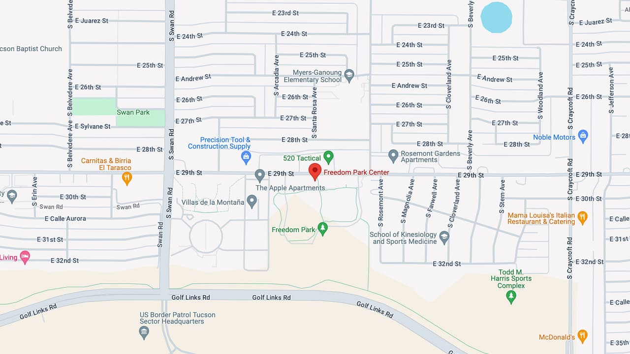 Freedom Center, 
<a href="https://www.google.com/maps?ll=32.199467,-110.886089&z=16&t=m&hl=en&gl=US&mapclient=embed&cid=15512683770029841609" target="_blank">5000 E 29th Street</a>.