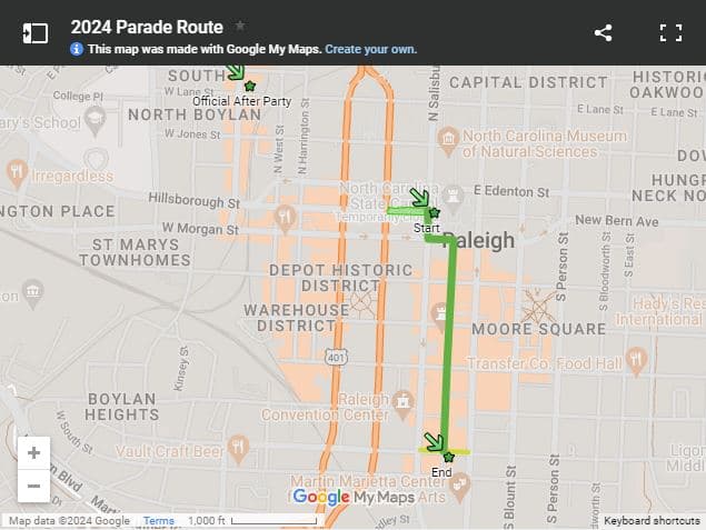 El desfile comienza a las 10:00 a. m. en el lado oeste del edificio del Capitolio del estado, en la intersección de las calles Hillsborough y Salisbury, rodea el Capitolio del estado, gira en Fayetteville Street y termina en Lenoir Street.