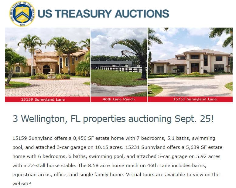 The Department of Treasury's announcement of the auction for Alejandro Andrade's mansion and farm in Wellington, Florida, valued at nearly $8 million. September 25, 2019.