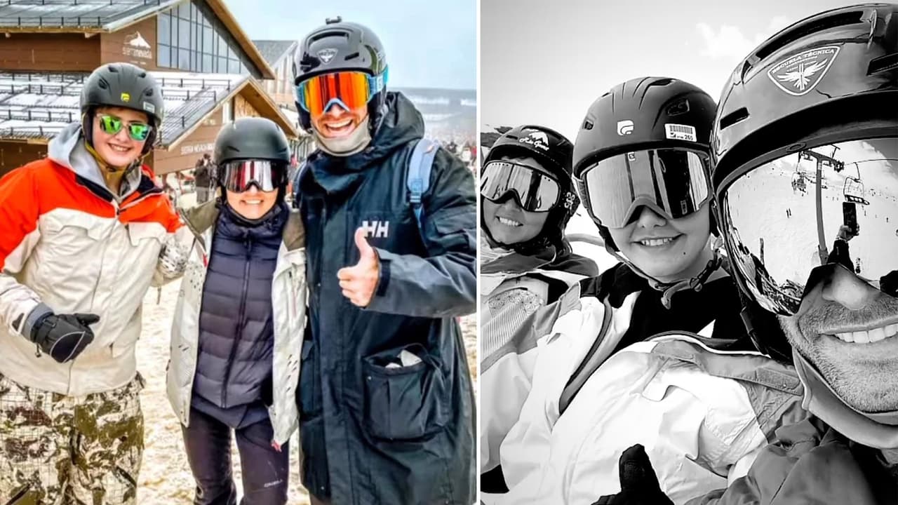 Sebastián Rulli le echa porras a su hijo Santiago mientras aprende a esquiar en la nieve