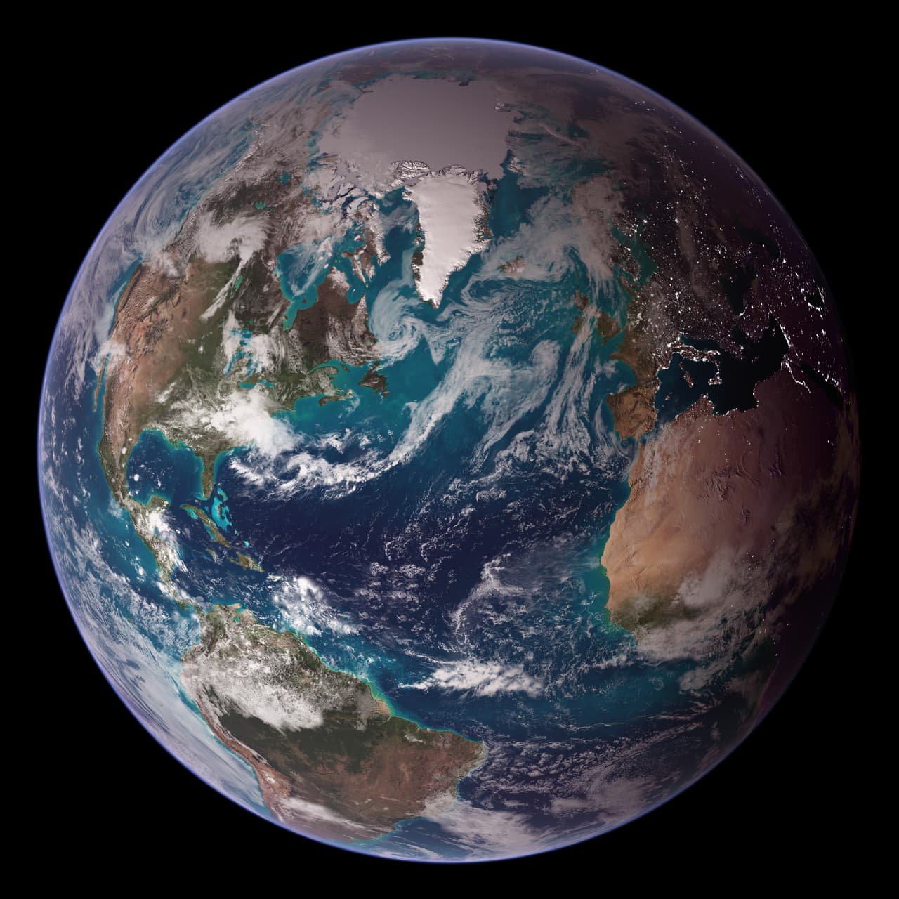 <b>Mármoles azules. </b>Esta vista increíblemente bella de la Tierra muestra el oeste de nuestro planeta. A la derecha se puede ver como Europa y Medio Oriente comienzan a encender sus luces. Esta foto es productod el trabajo de un equipo de científicos y artistas gráficos de la NASA que superpuso capas de datos globales, desde la superficie terrestre hasta el hielo marino polar y la luz reflejada por la clorofila en los miles de millones de plantas microscópicas que crecen en el océano. 
<br>