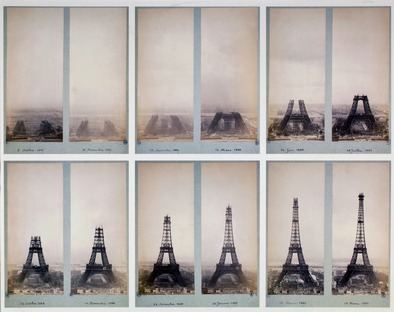 En la imagen se ven las etapas de construcción de la torre Eiffel entre el 8 de octubre de 1887 y el 12 de marzo de 1889. El diseño de la torre fue recibido con escepticismo por parte de los críticos. Muchos creyeron que una 'mole' de hierro' en el corazón de la majestuosa París sería un 'horror'.