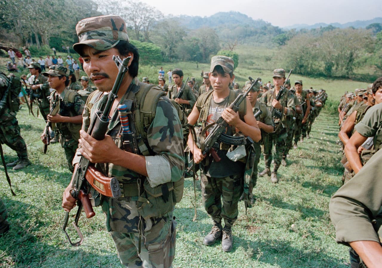 Contra rebels in the mountain village of Destino, Nicaragua, who refused to surrender their weapons to UN peacekeepers, April 26, 1990 as part of peace accords. The Contras said they would not disarm because General Humberto Ortega, brother of former President Daniel Ortega, still had control of the military.